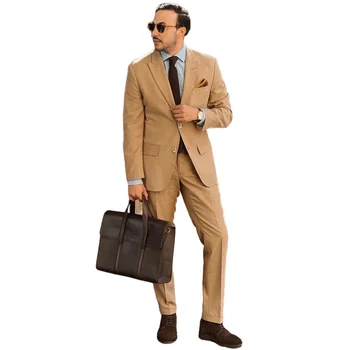Мъжки костюми цвят каки, сако, панталон, оборудвана комплект от 2 теми/Модни и ежедневни градинска мъжки дрехи за всеки ден/Бизнес официалната офис мъжки дрехи