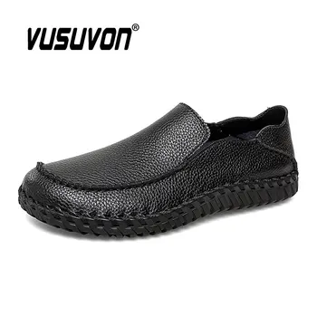 Мъжки обувки от естествена кожа, ежедневни лоферы италиански дизайн, Модни дишащи офис черни слипоны на равна подметка за шофиране, по-големи размери 38-47