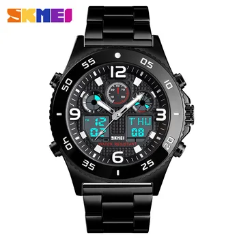 Мъжки часовник SKMEI с двоен дисплей, луксозни черни ръчен часовник с голям циферблат от неръждаема стомана, led кварцови часовници за мъже, водоустойчиви хронометър
