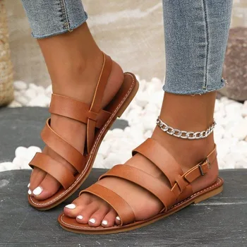 Обувки за жени, Мода 2024, Нови летни дамски гладиаторски сандали на равна подметка с римски каишка, ежедневни дамски сандали в голям размер