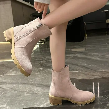 Обувки за жени, Топла разпродажба 2023, Дамски ботуши с цип, зимни, с кръгло бомбе, от плътен флока, топли, кратък бочкообразном масивна ток, Модни обувки