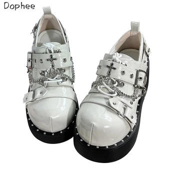 Обувки на дебела подметка в стил Dophee в стил пънк Spice Girls Оригинален дизайн, обувки на платформа в готически стил с кръгла пръсти, дамски обувки с кръстосани на веригата