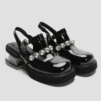 Прозрачни дамски обувки на висок масивна токчета, черни кожени модела обувки-лодки, дамски обувки на платформа, дизайнерски обувки Mary Janes с украса във вид на кристали.