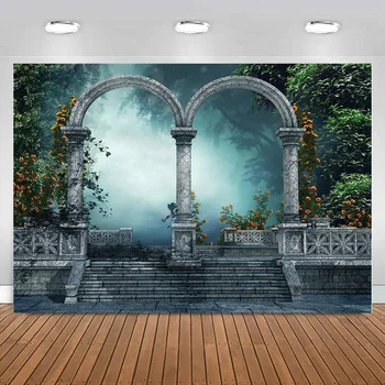 Ретро Градина на фона на Руините на Готическия замък Мъгла гора Фантастичен на фона на Снимка на Средновековната парти Банер за украса на деца