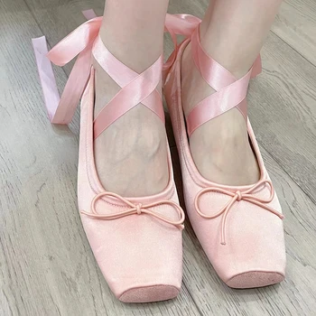 Розово-кайсиеви Модерен Класически копринени балет апартаменти дантела, женски балет апартаменти на равна подметка с квадратни пръсти и се прави извод, Елегантни обувки в 