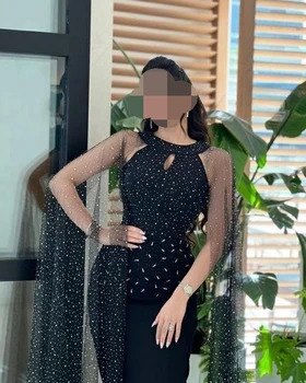 Саудитска Арабия, Черни Секси дамски рокли за бала с овални деколте дължина до щиколоток, украсени с мъниста, Вечерни рокли-калъфи, вечерни рокли за партита