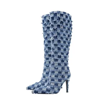 Синьо каре ботуши, Зимни дамски Луксозни дънки в западен стил, Комфортни Стаи ежедневни обувки на висок ток, Botines Mujer, Новост 2024 година.