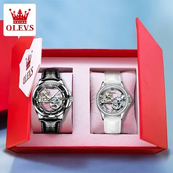 Часовници OLEVS Couple С прозрачен кухи циферблат, Модни кожени ръчни часовници, и Си часовник, Изискан комплект в кутия, Подарък за годишнина