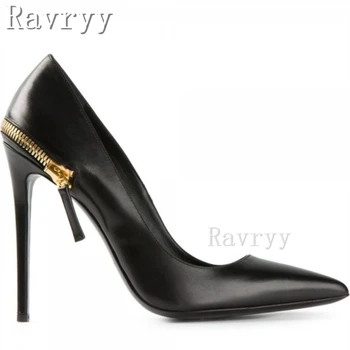 Черни обувки-лодка с метален декор на цип с остър пръсти, женски фини обувки на висок ток, Новият, модерен дизайн, Банкет рокля, обувки на висок ток