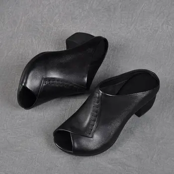 Чехли от мека кожа на дебелите ток с рибено уста, удобни универсални дамски сандали на средно обувки, дамски обувки за майката, дамски обувки