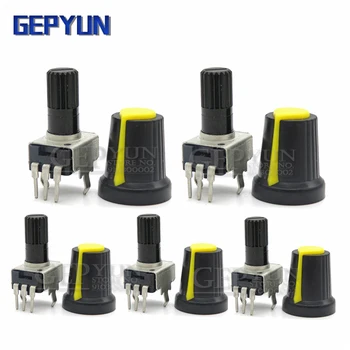 5 Комплекта RV09 Вертикално Регулируем резистор 1K ~ 500K Ти Gepyun 3pin Потенциометър Запечатване с дръжка Жълта капачка (5ШТ + 5ШТ)