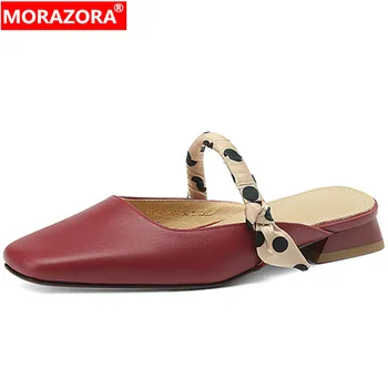 MORAZORA 2022 Нови Дамски чехли от естествена кожа в грах, Уникални квадратни Чехли на нисък ток, жените на модела летни обувки