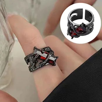 Ретро Черни декорации за безименните пръсти, червени кристали, Кухи халки, унисекс, пара, пръстен за банкет, Елегантен пръстен, Отворен пръстен е сребърен цвят