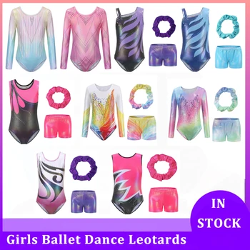 Танцови Балетные трика за момичета, Гимнастически костюми, модерен Градиентный Боди със злато, инкрустирани кристали, къси Панталони и превръзка на главата